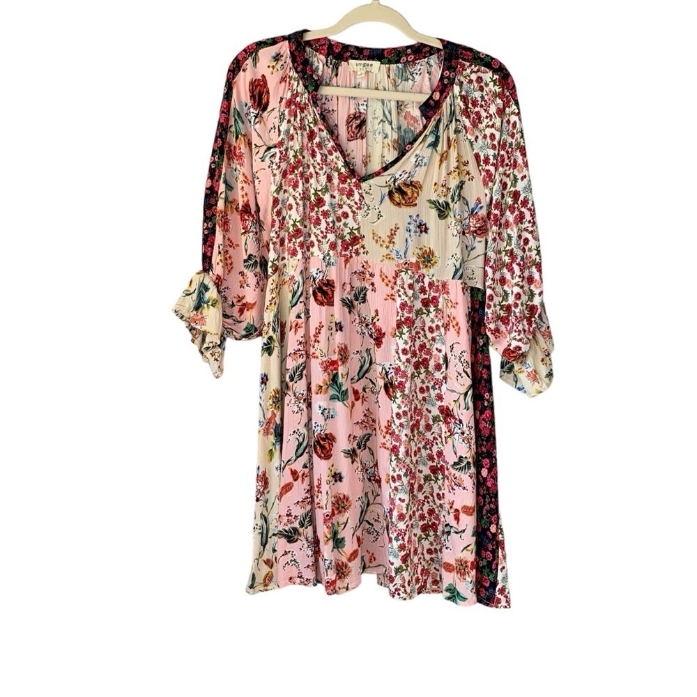 UMGEE flowy multi floral patchwork style dress 3/4 length sleeve.‎ Size S